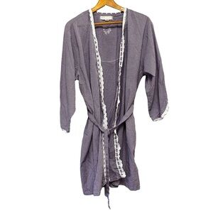 Eileen West Purple White Gingham Robe Night Dress Lace Trim With Belt L/XL